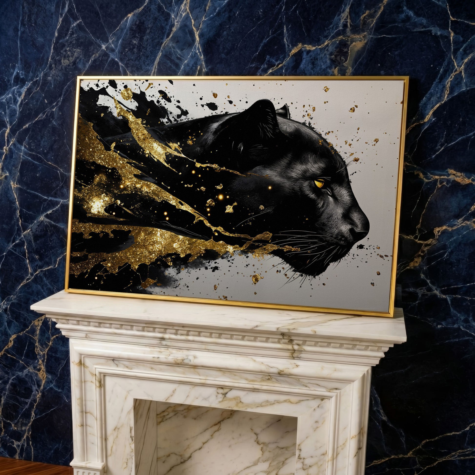 Black Panther Abstract Canvas in Gold and Onyx in yellow gold floating frame