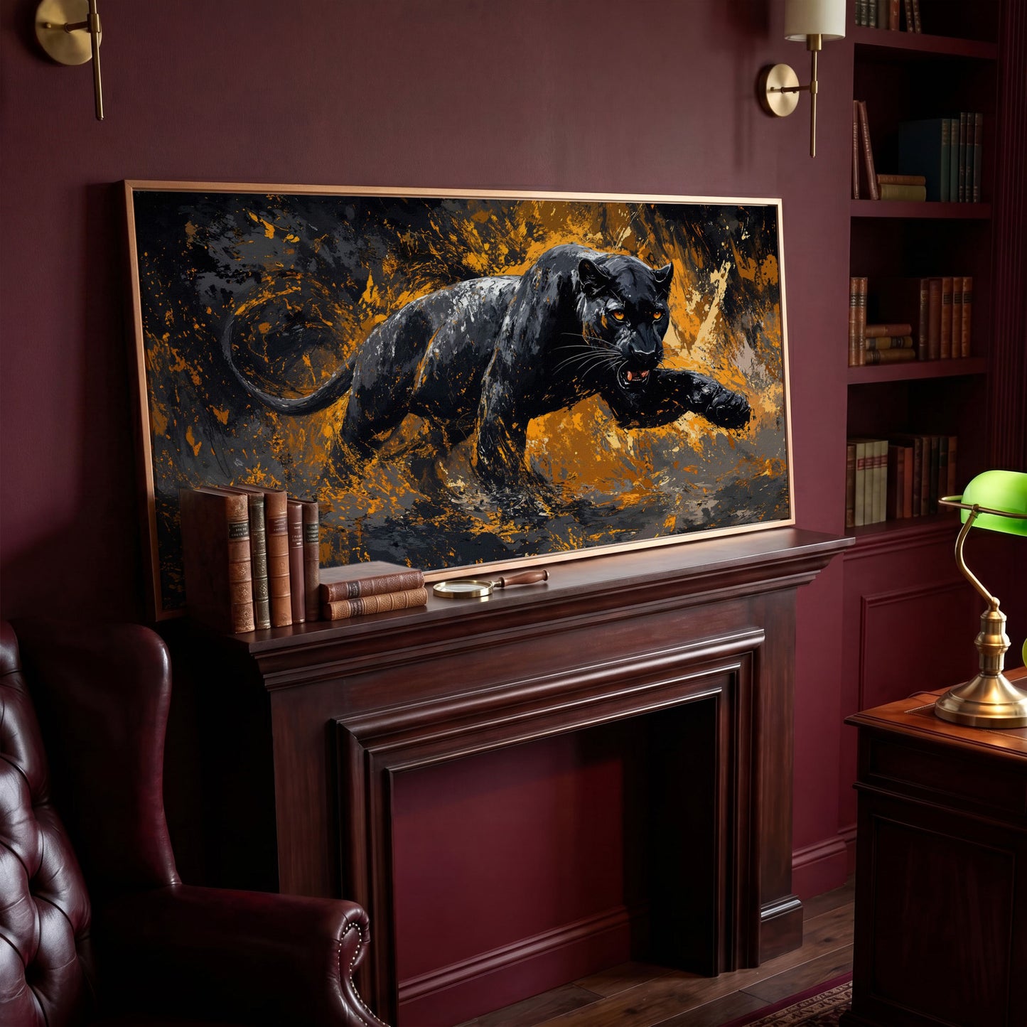 Black Panther in Motion Canvas Print in antique gold floating frame