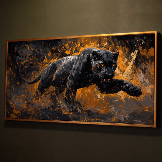 Black Panther in Motion Canvas Print shown in antique gold floating frame