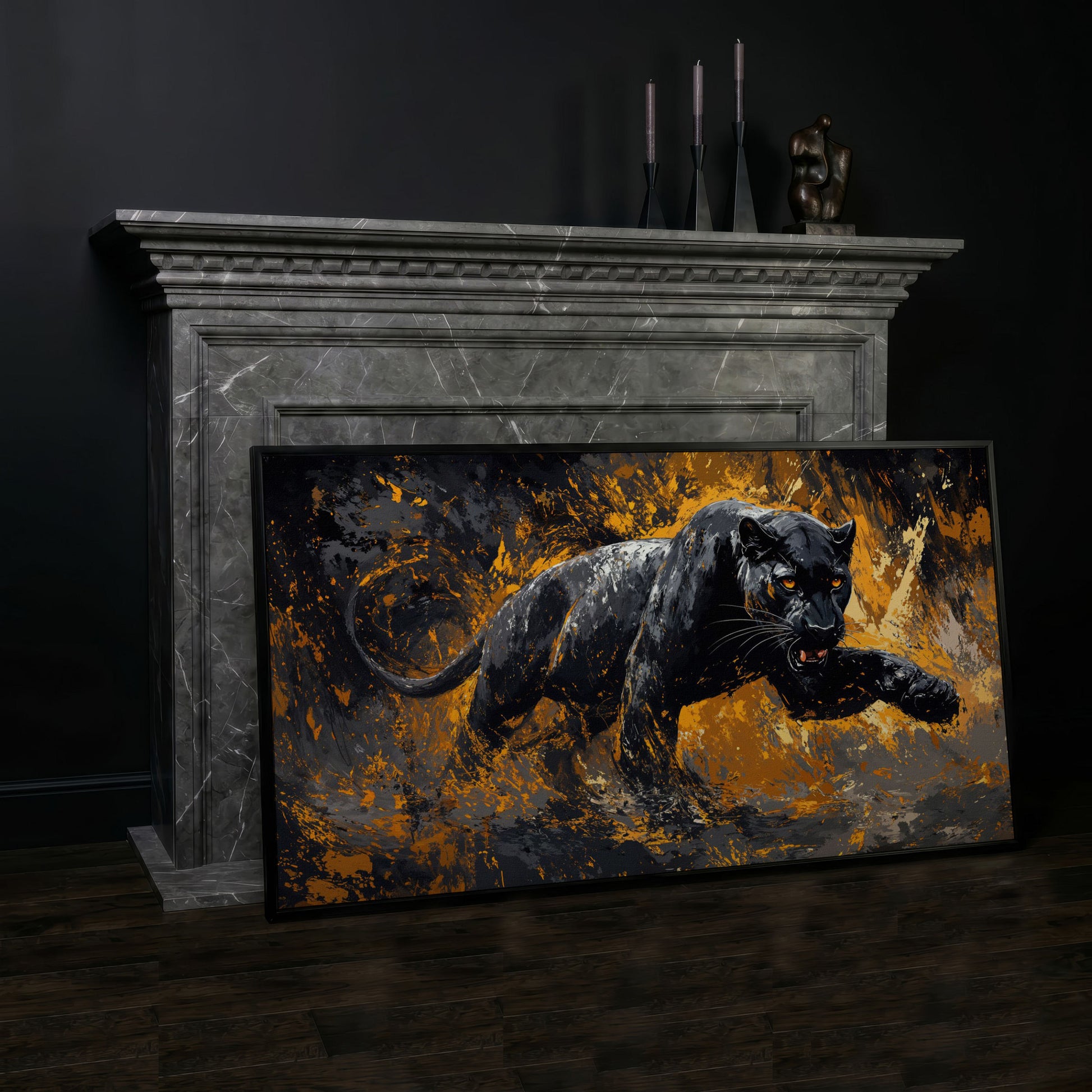 Black Panther in Motion Canvas Print in black floating frame