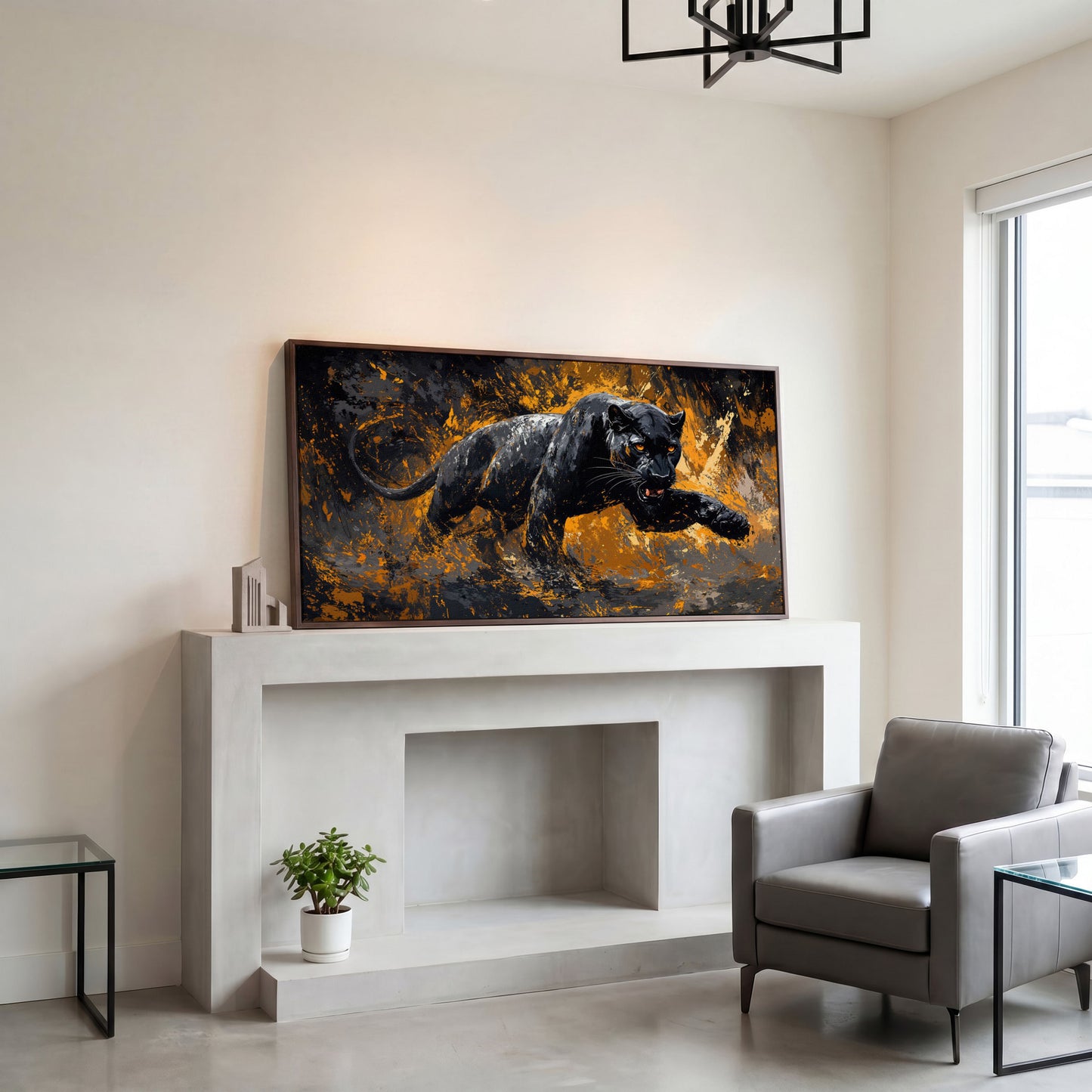 Black Panther in Motion Canvas Print in dark walnut floating frame