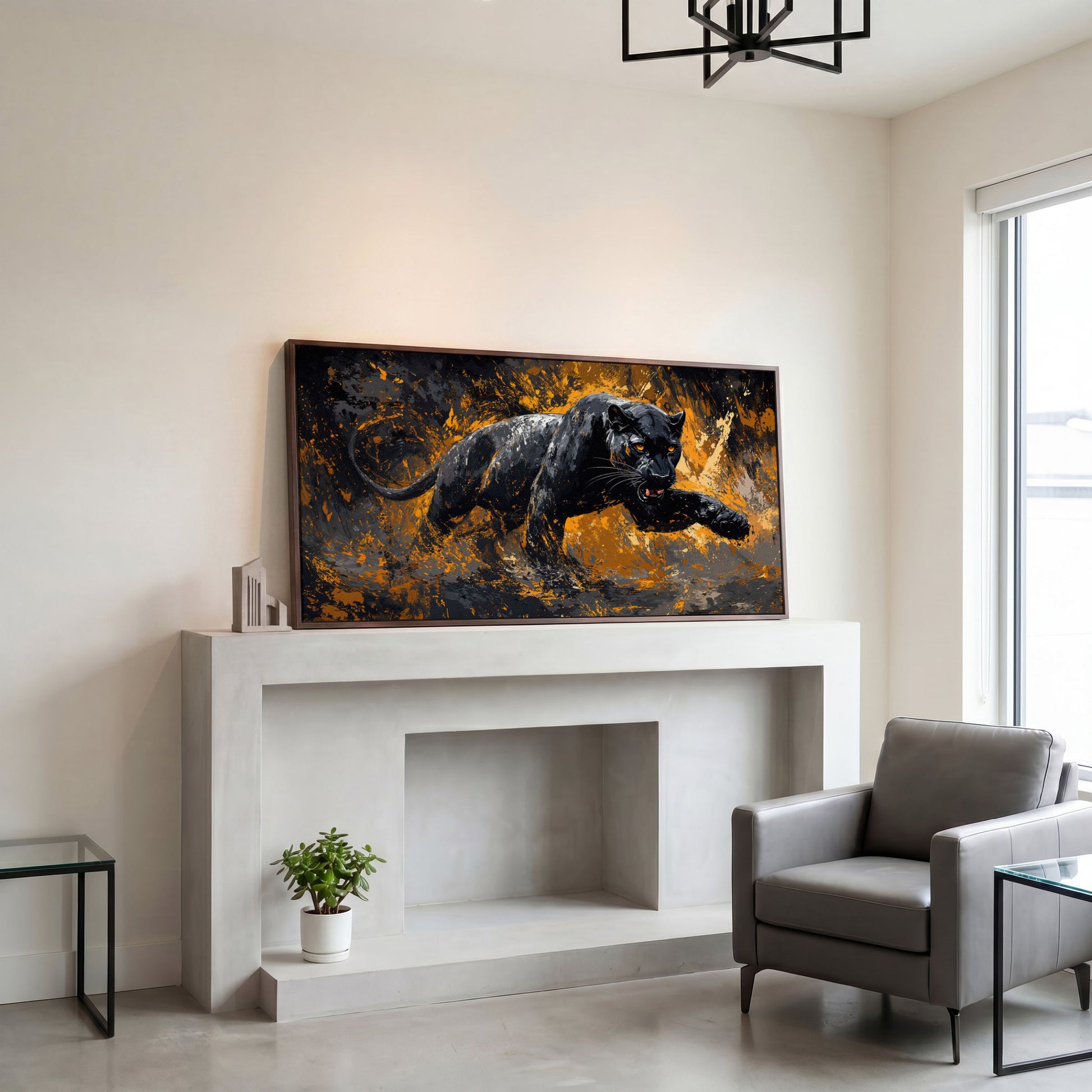 Black Panther in Motion Canvas Print in dark walnut floating frame