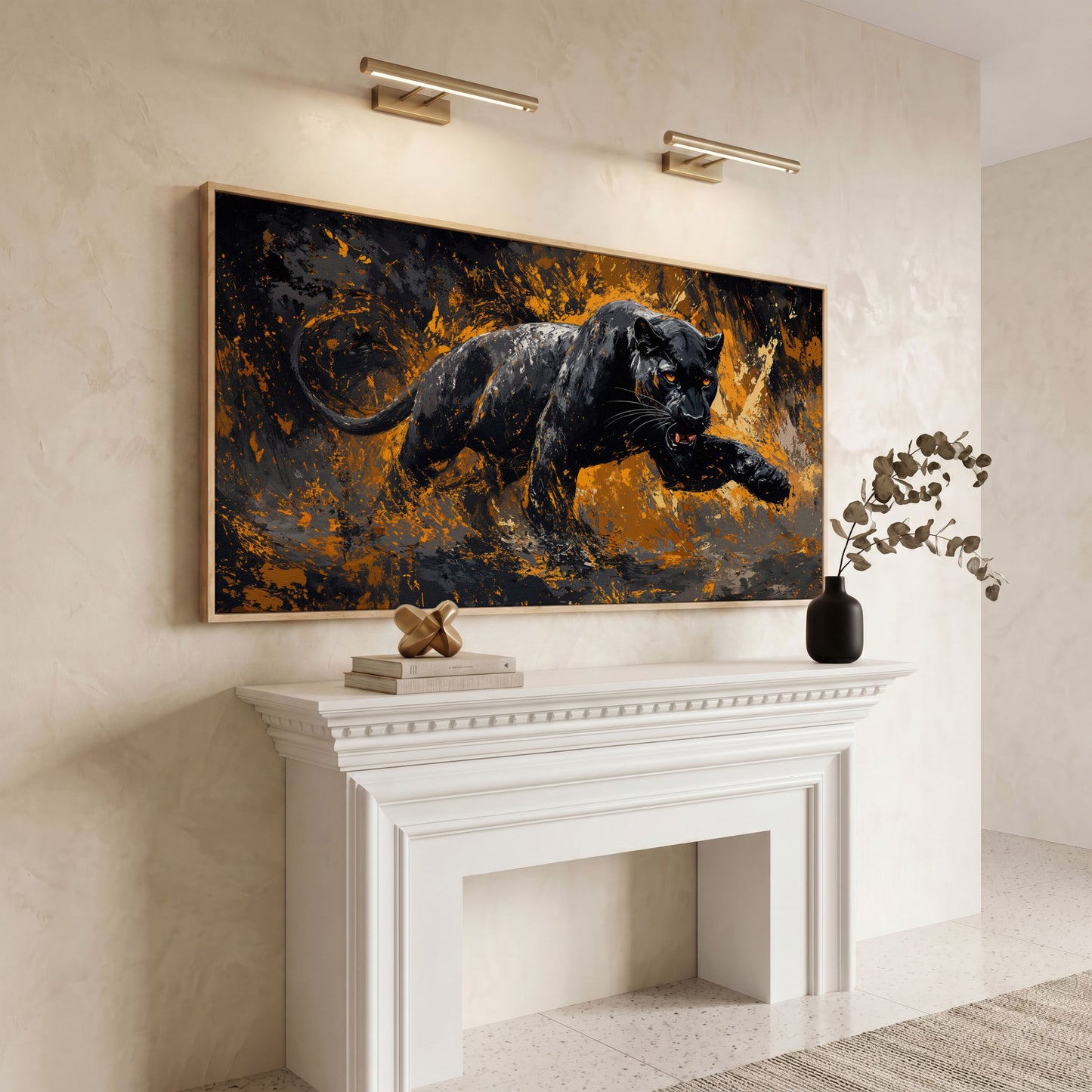 Black Panther in Motion Canvas Print in white oak floating frame