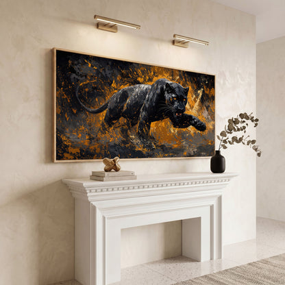 Black Panther in Motion Canvas Print in white oak floating frame