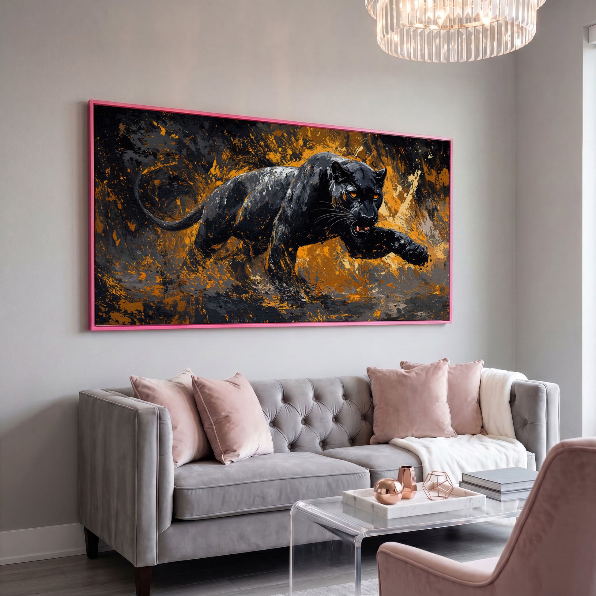 Black Panther in Motion Canvas Print in pink floating frame