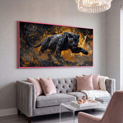 Black Panther in Motion Canvas Print in pink floating frame