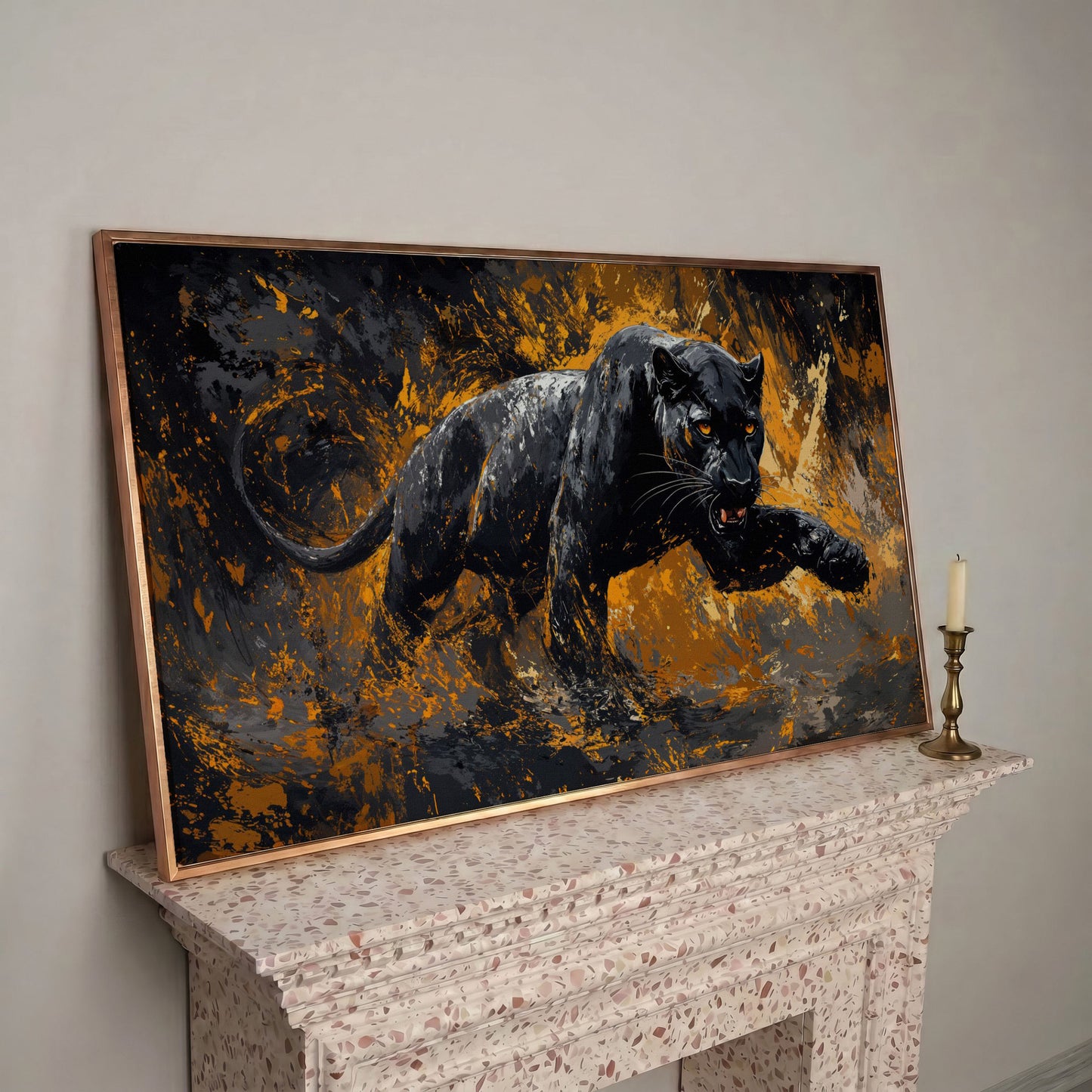 Black Panther in Motion Canvas Print in rose gold floating frame