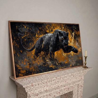 Black Panther in Motion Canvas Print in rose gold floating frame