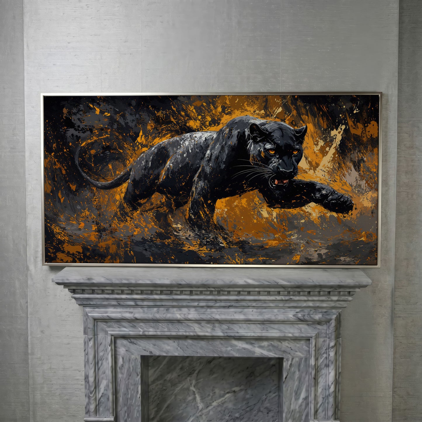 Black Panther in Motion Canvas Print in silver floating frame