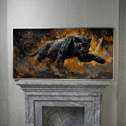Black Panther in Motion Canvas Print in silver floating frame