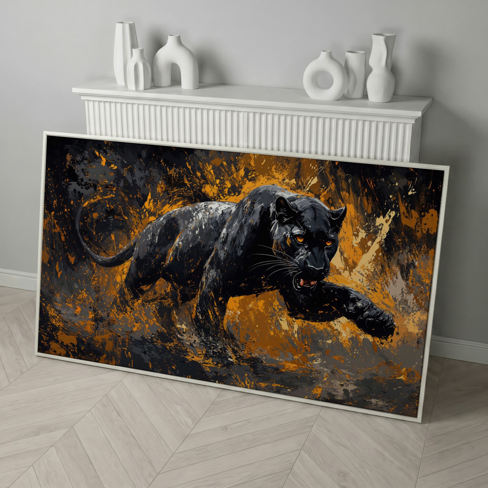 Black Panther in Motion Canvas Print in white floating frame