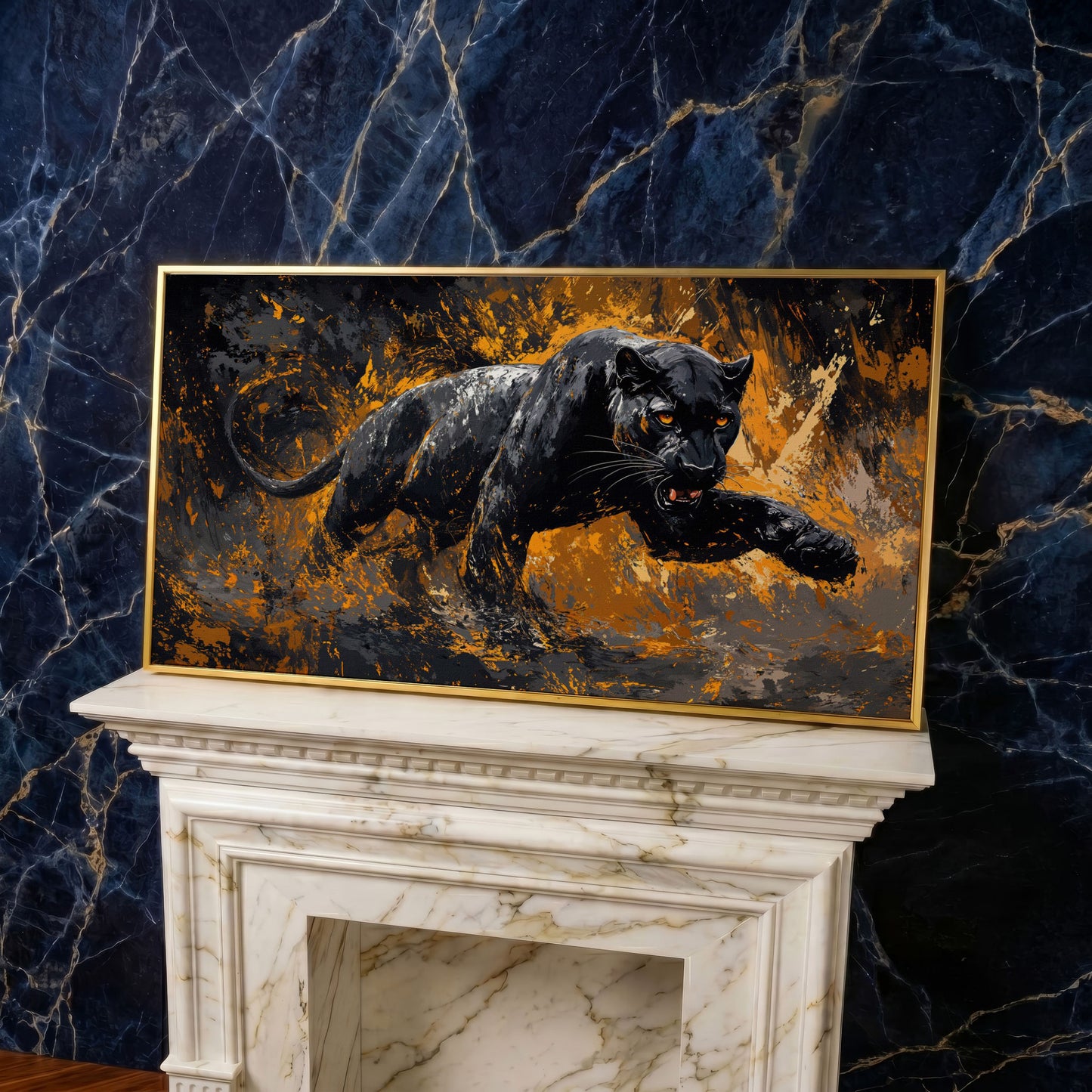Black Panther in Motion Canvas Print in yellow gold floating frame