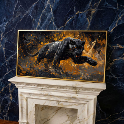 Black Panther in Motion Canvas Print in yellow gold floating frame