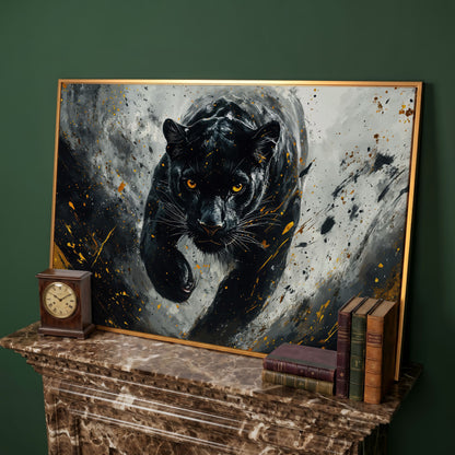 Black Panther Mid-Stride Canvas Print in antique gold floating frame