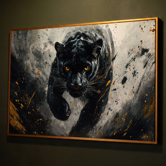 Black Panther Mid-Stride Canvas Print shown in antique gold floating frame