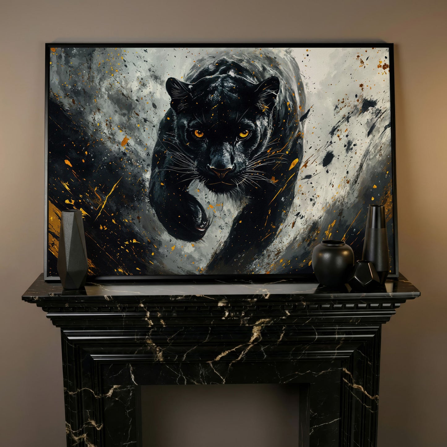 Black Panther Mid-Stride Canvas Print in black floating frame