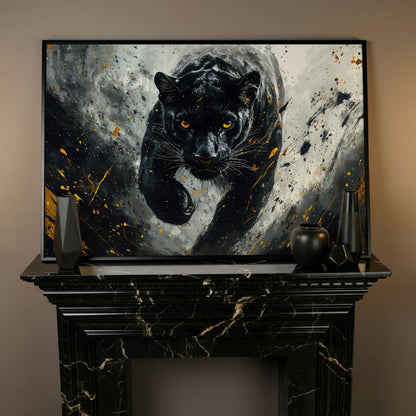 Black Panther Mid-Stride Canvas Print in black floating frame