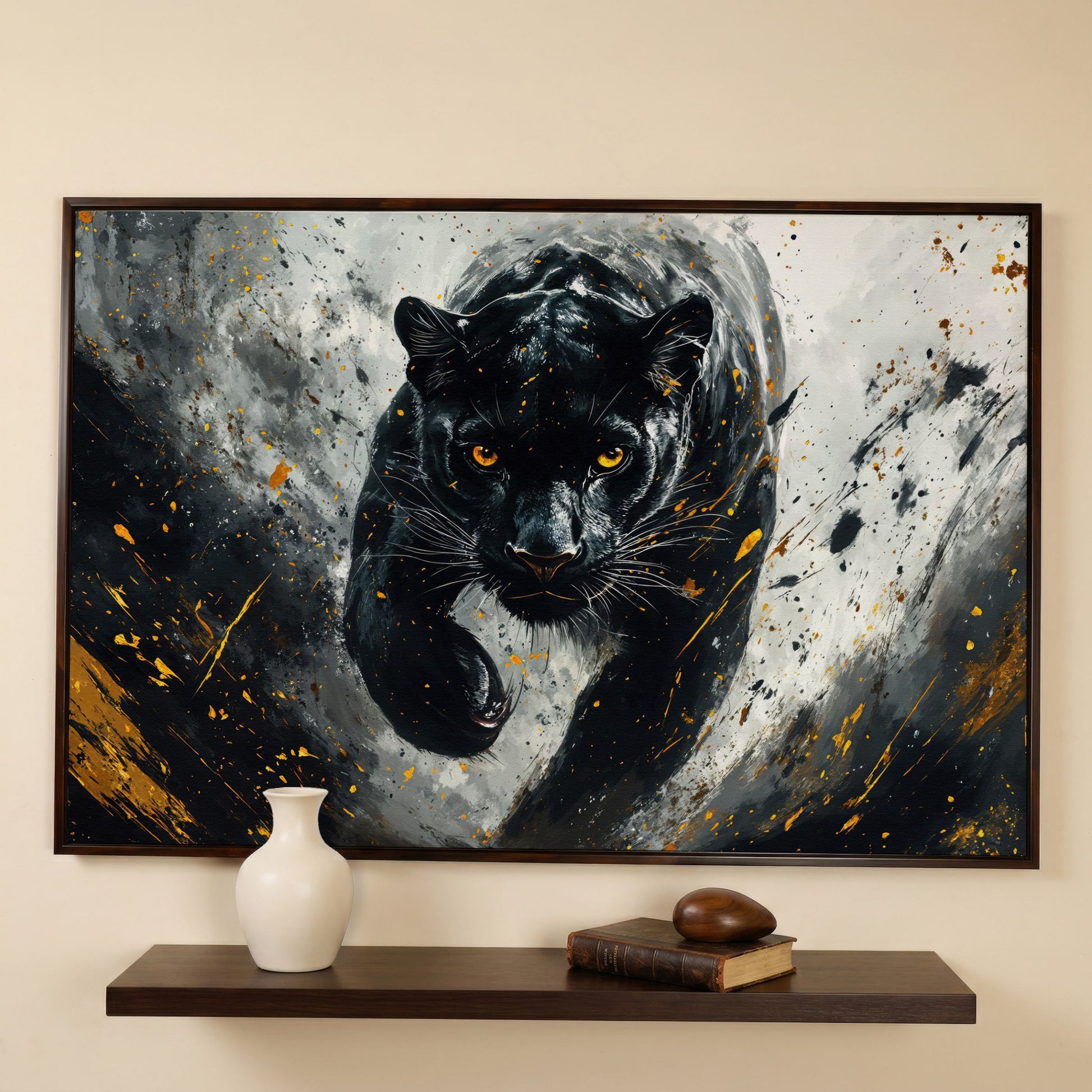 Black Panther Mid-Stride Canvas Print in dark walnut floating frame