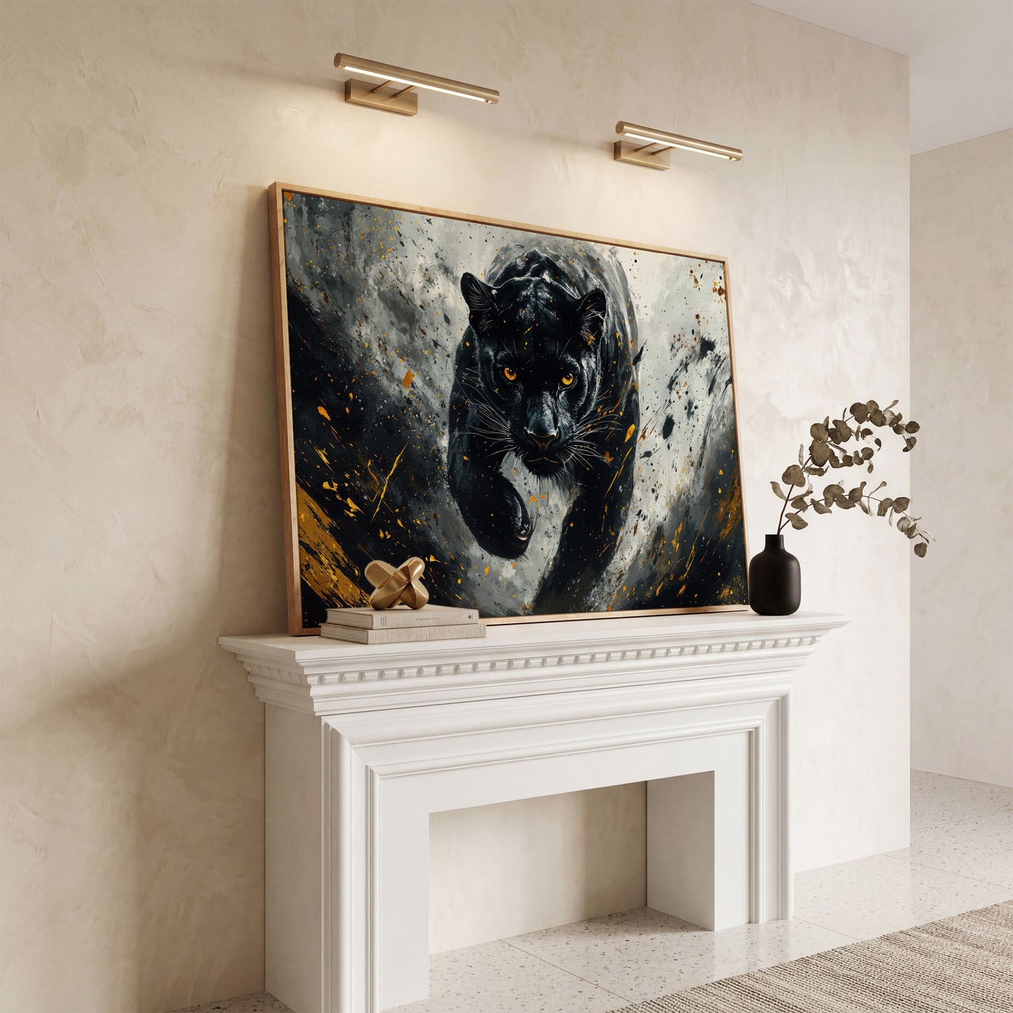 Black Panther Mid-Stride Canvas Print in white oak floating frame