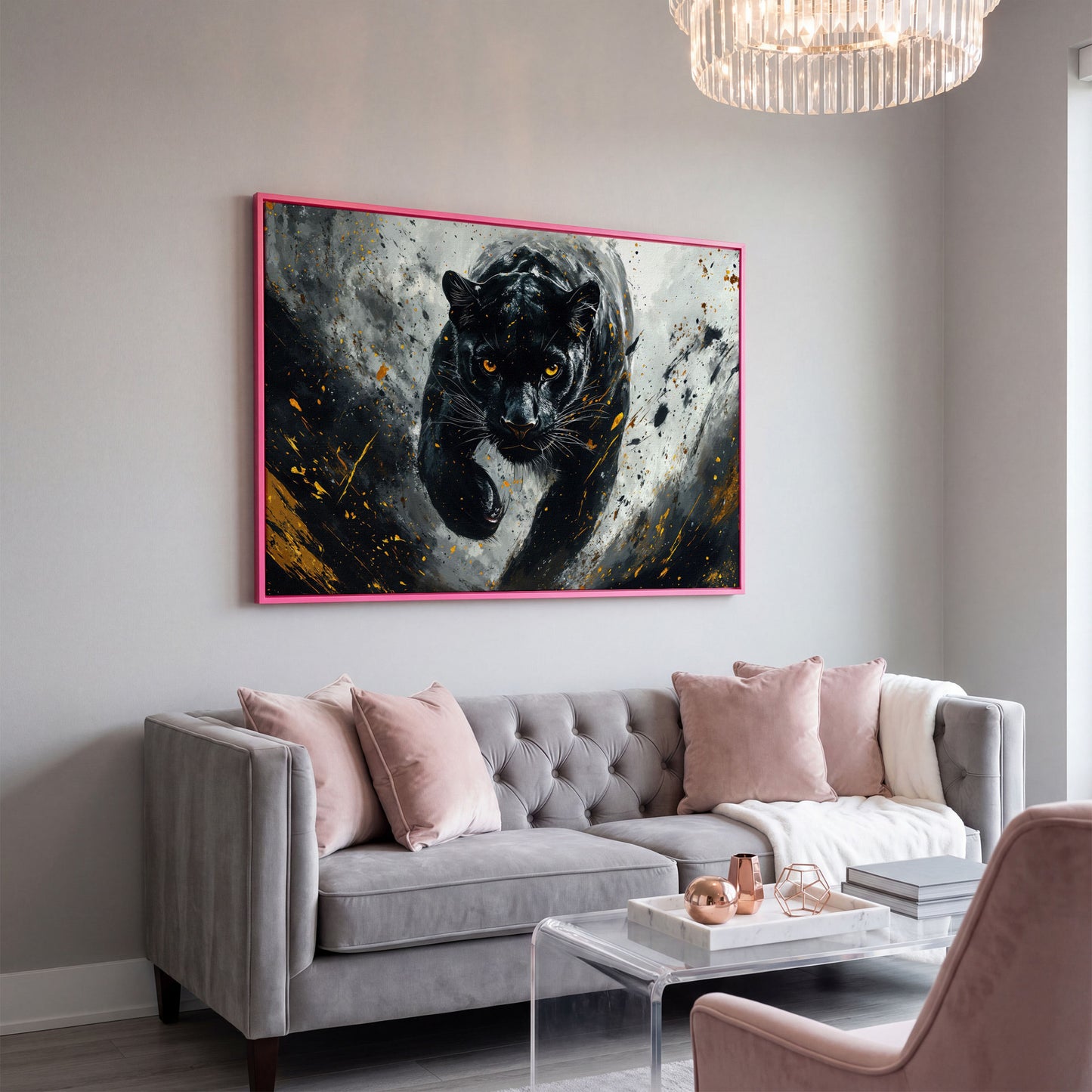 Black Panther Mid-Stride Canvas Print in pink floating frame