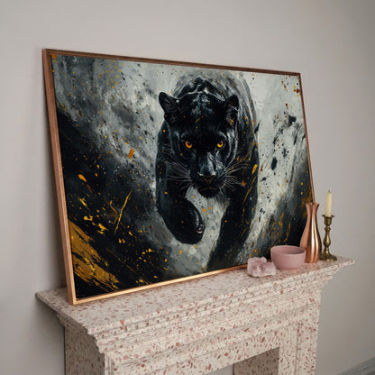Black Panther Mid-Stride Canvas Print in rose gold floating frame
