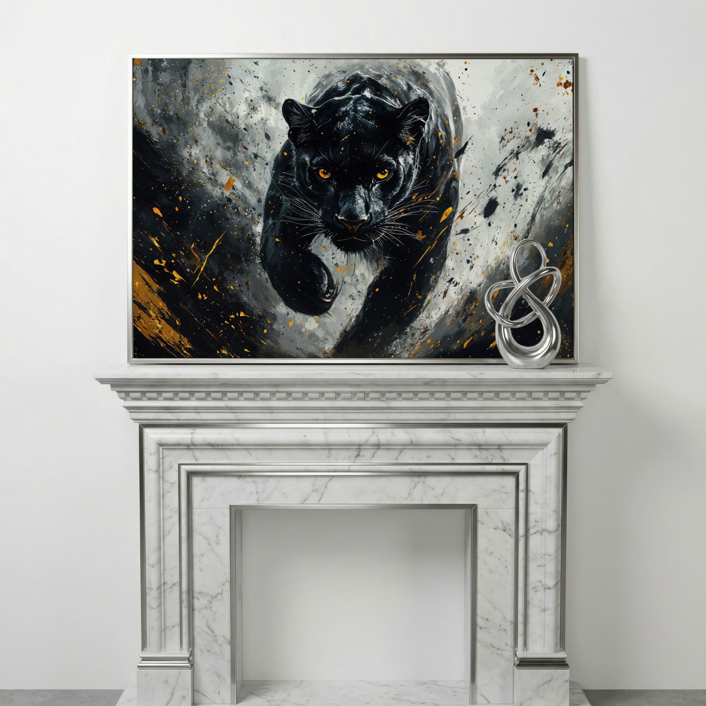 Black Panther Mid-Stride Canvas Print in silver floating frame