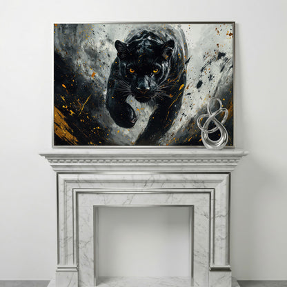 Black Panther Mid-Stride Canvas Print in silver floating frame