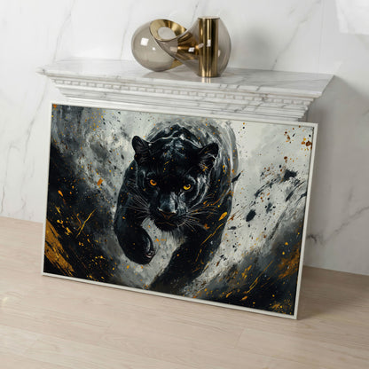 Black Panther Mid-Stride Canvas Print in white floating frame