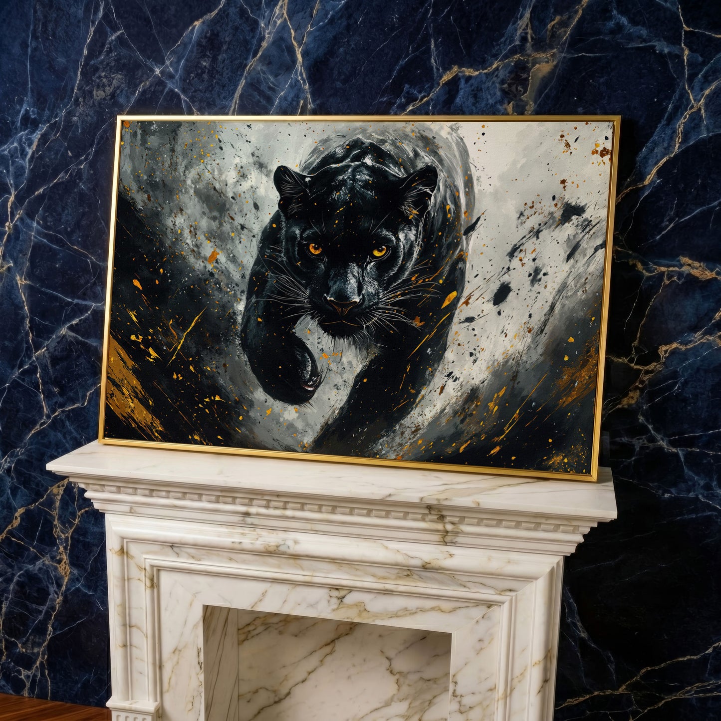 Black Panther Mid-Stride Canvas Print in yellow gold floating frame