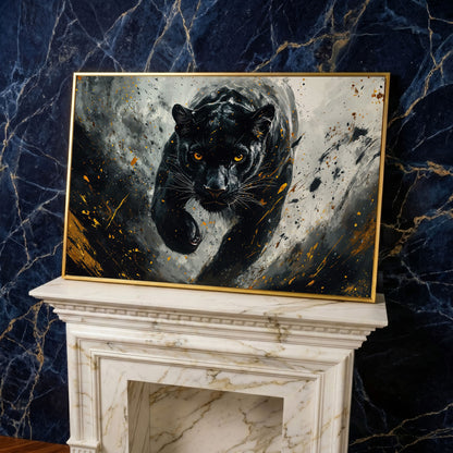 Black Panther Mid-Stride Canvas Print in yellow gold floating frame