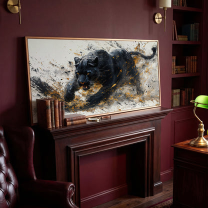 Black Panther Canvas Art in Modern Abstract Style in antique gold floating frame