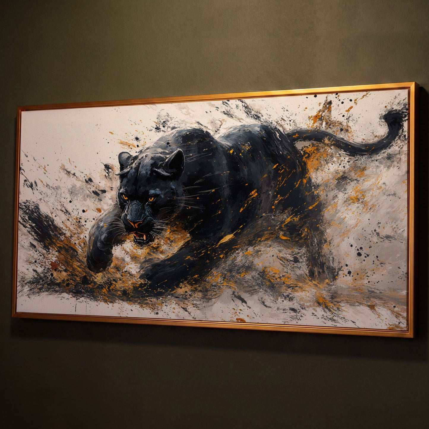 Black Panther Canvas Art in Modern Abstract Style shown in antique gold floating frame