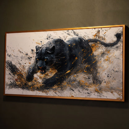 Black Panther Canvas Art in Modern Abstract Style shown in antique gold floating frame