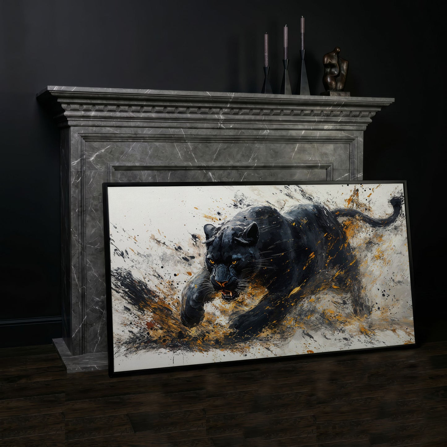 Black Panther Canvas Art in Modern Abstract Style in black floating frame