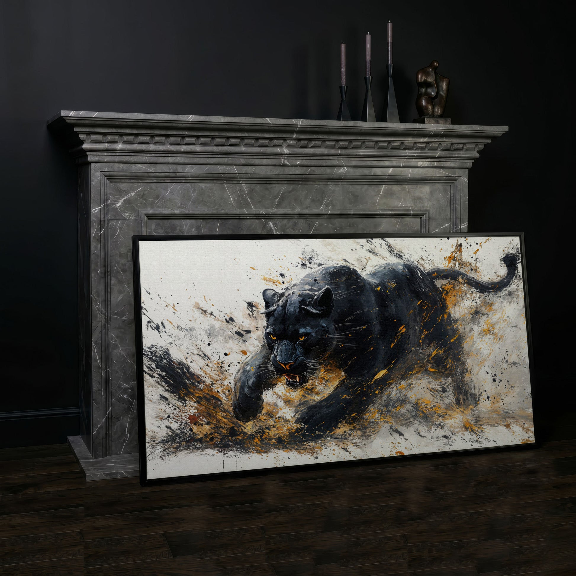 Black Panther Canvas Art in Modern Abstract Style in black floating frame