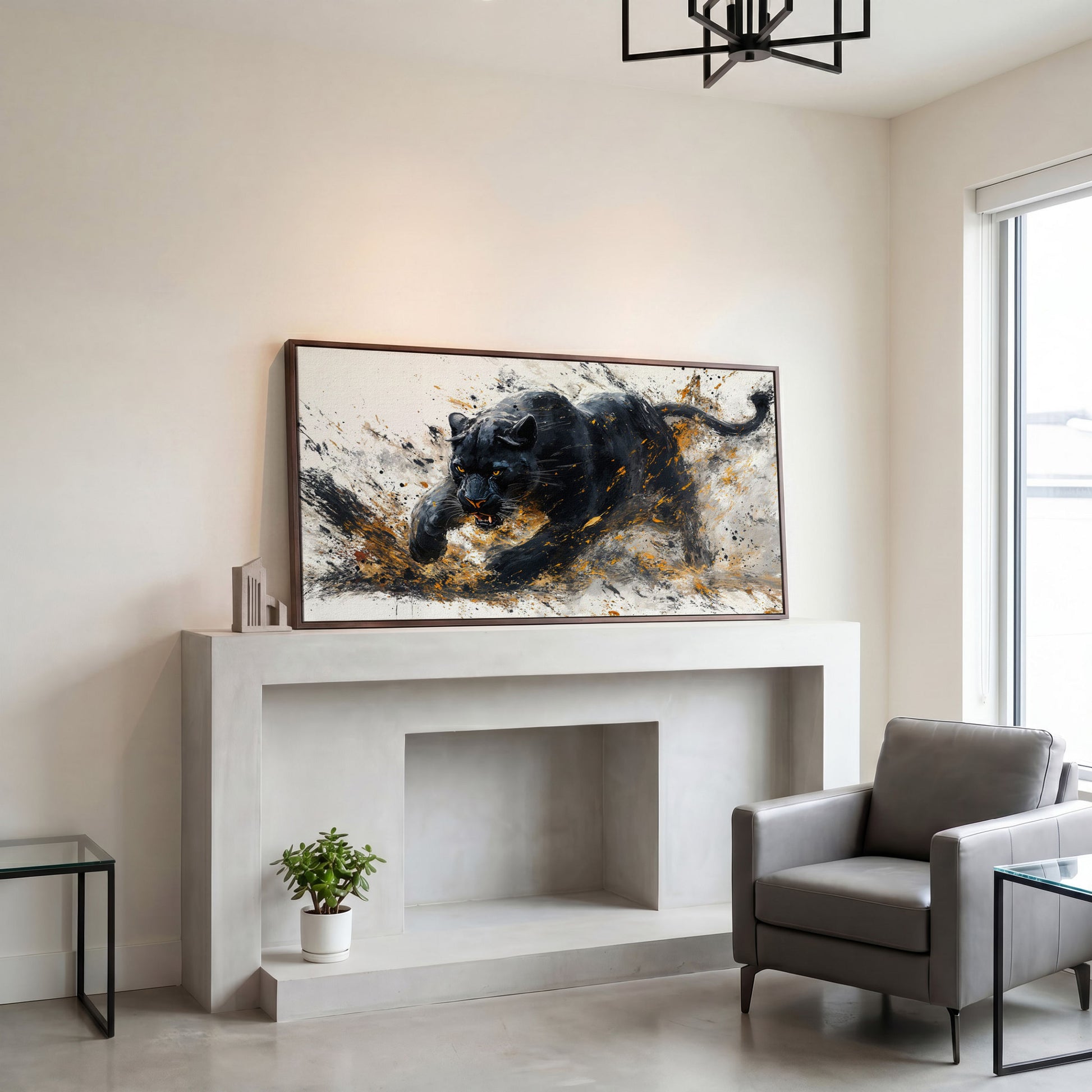Black Panther Canvas Art in Modern Abstract Style in dark walnut floating frame