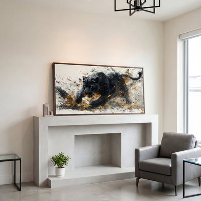 Black Panther Canvas Art in Modern Abstract Style in dark walnut floating frame