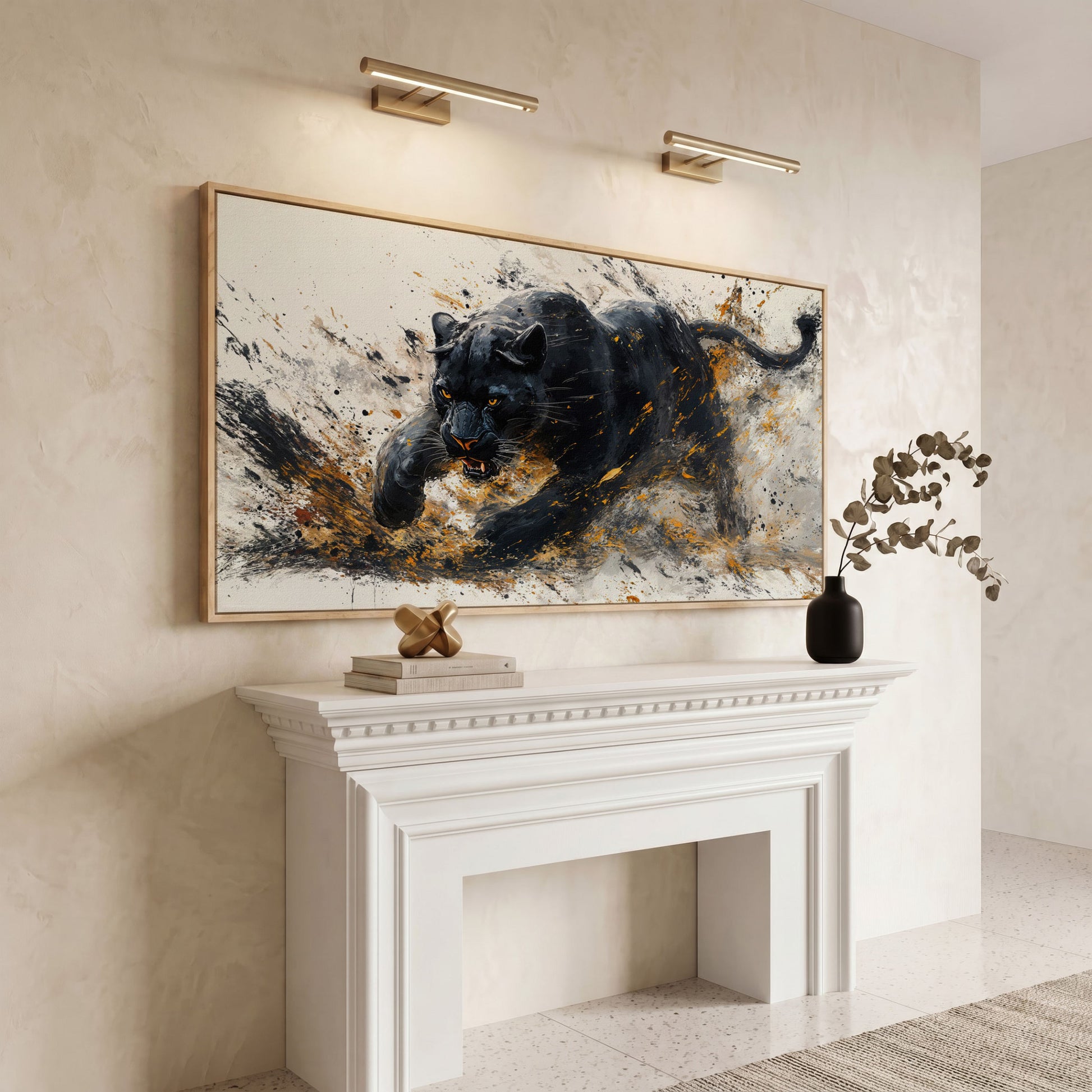 Black Panther Canvas Art in Modern Abstract Style in white oak floating frame