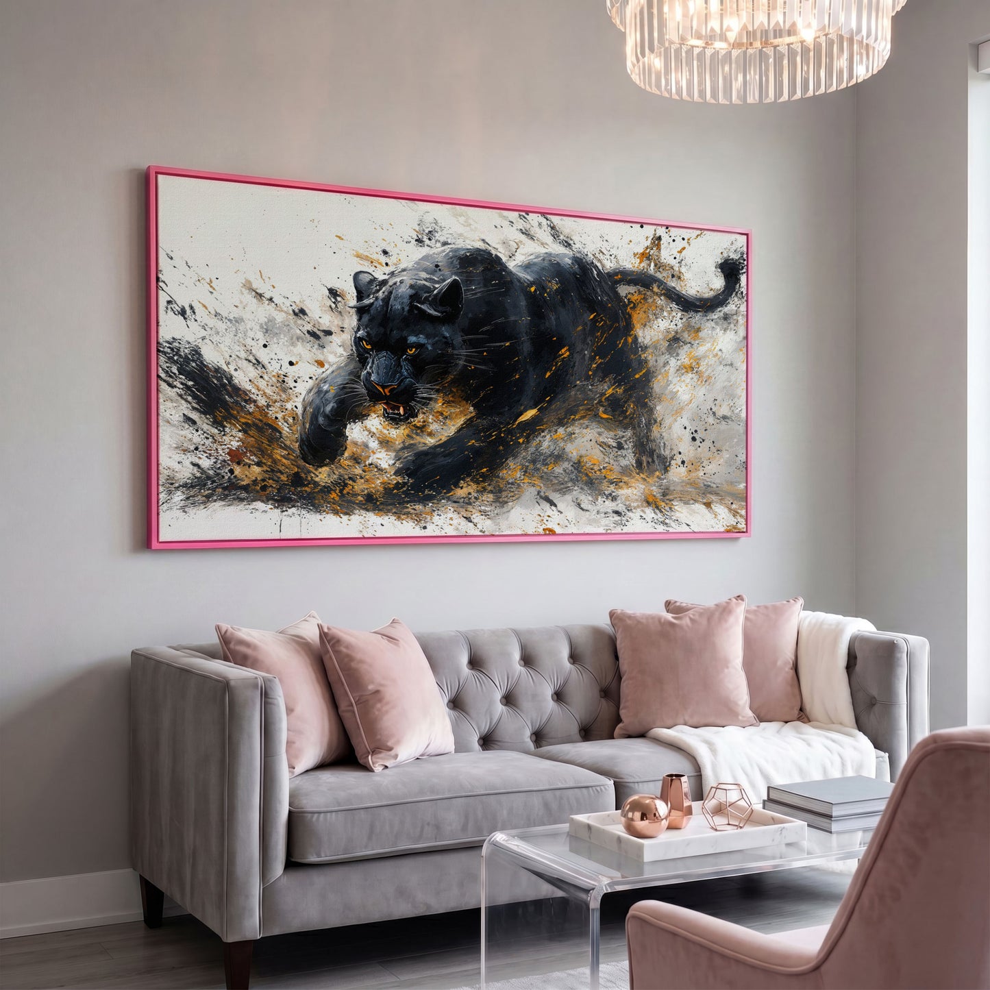 Black Panther Canvas Art in Modern Abstract Style in pink floating frame