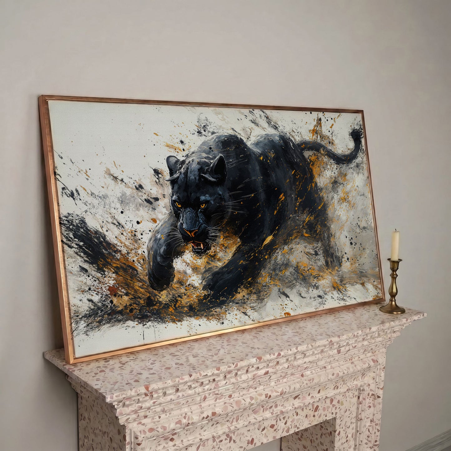 Black Panther Canvas Art in Modern Abstract Style in rose gold floating frame