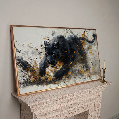 Black Panther Canvas Art in Modern Abstract Style in rose gold floating frame