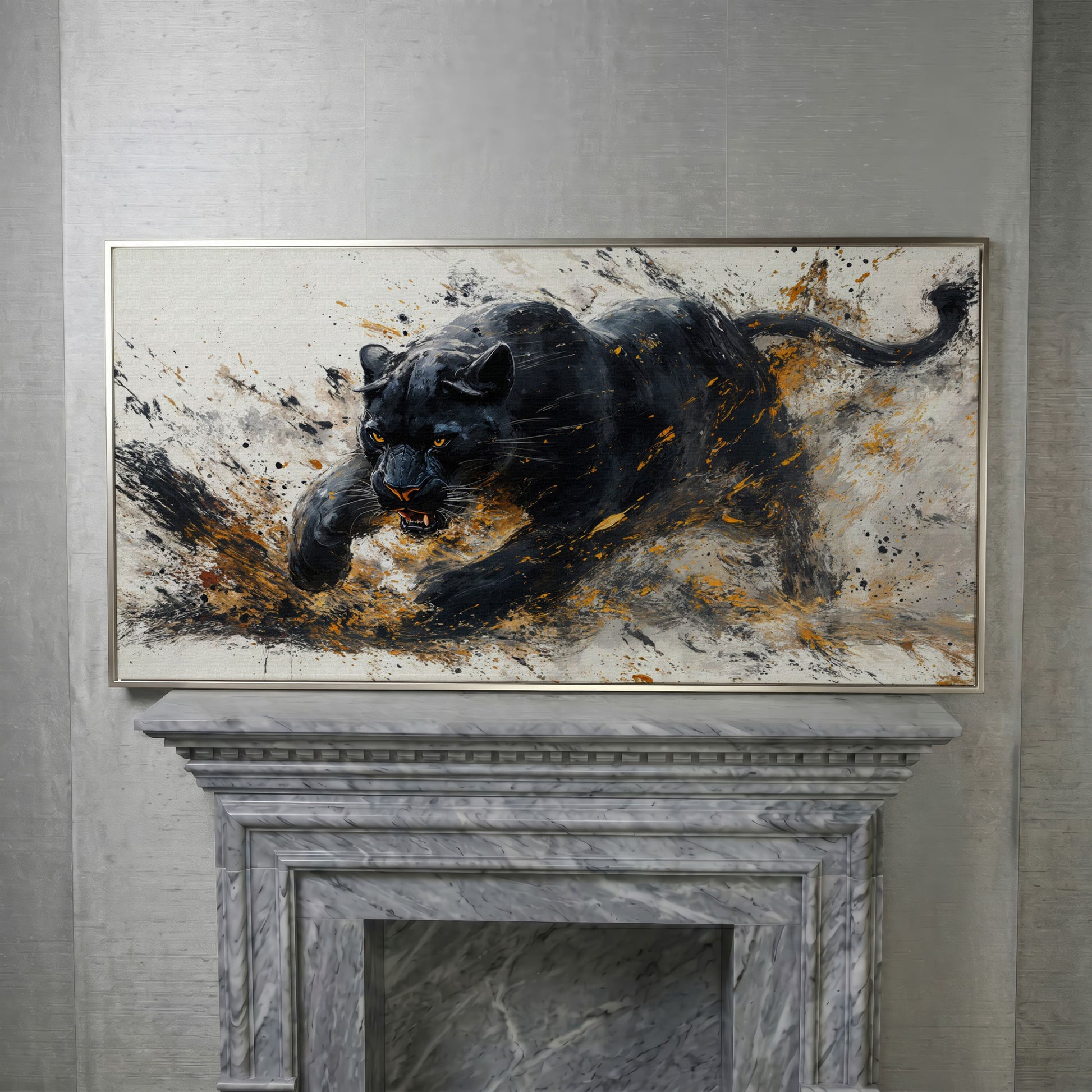 Black Panther Canvas Art in Modern Abstract Style in silver floating frame