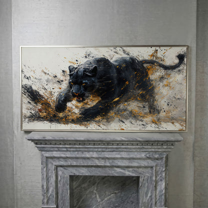 Black Panther Canvas Art in Modern Abstract Style in silver floating frame