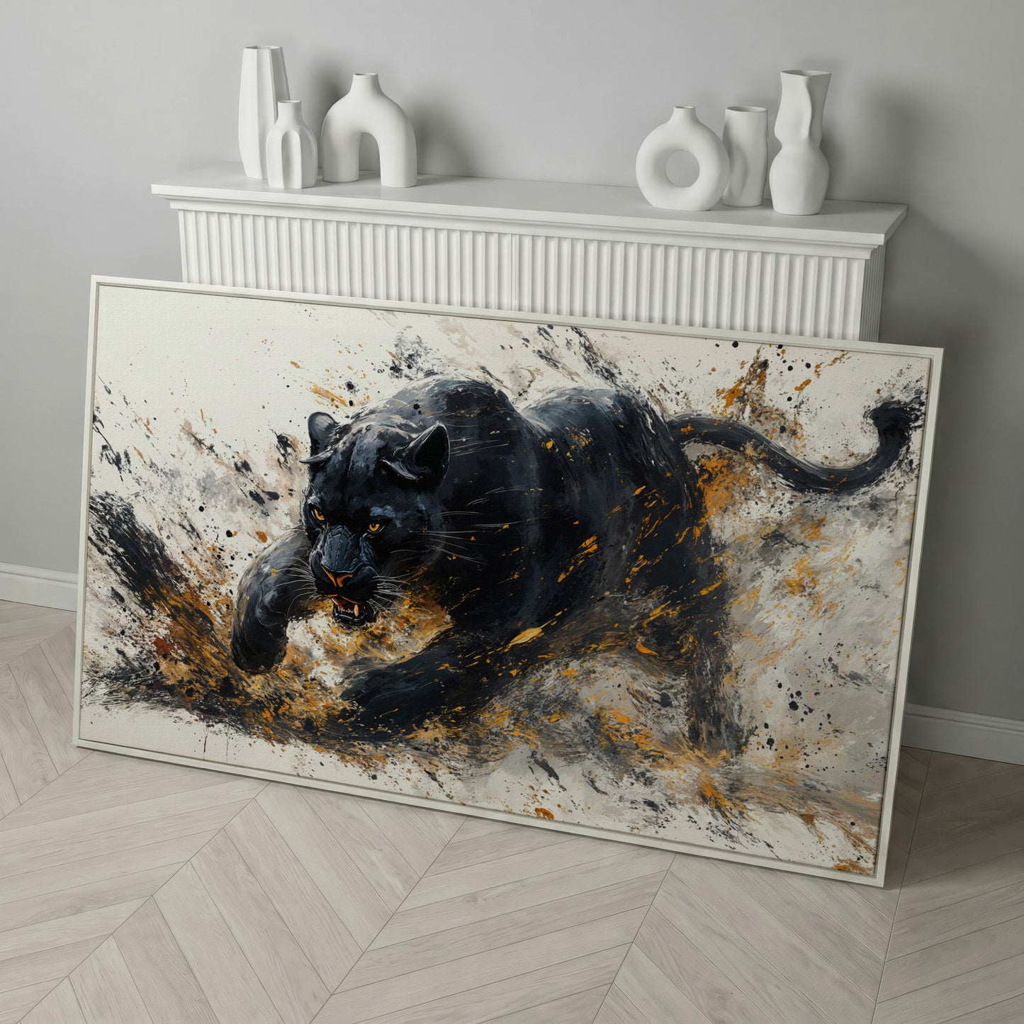 Black Panther Canvas Art in Modern Abstract Style in white floating frame
