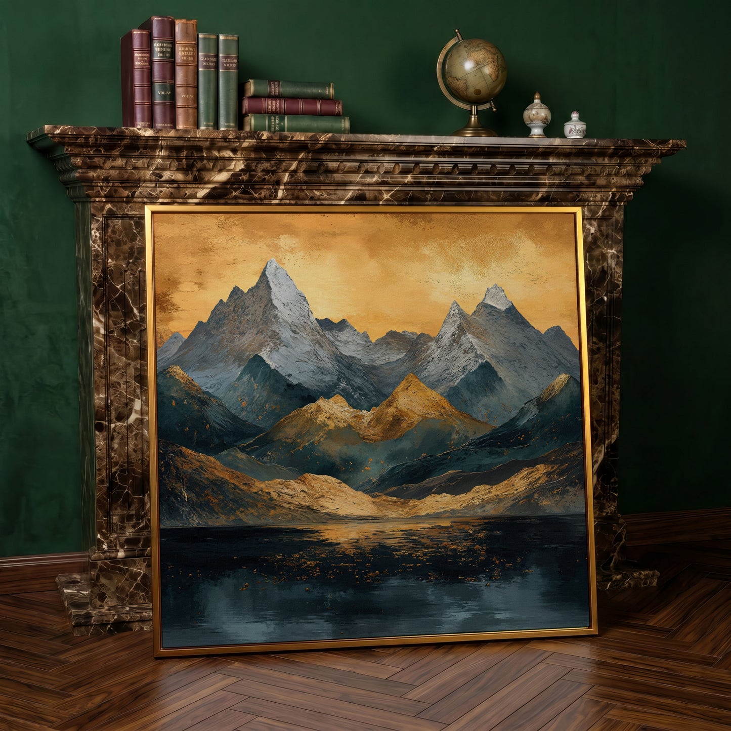 Modern Mountain Landscape Canvas in antique gold floating frame
