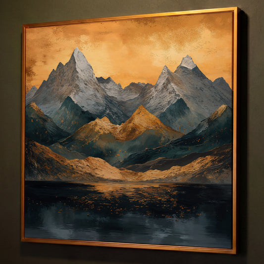 Modern Mountain Landscape Canvas shown in antique gold floating frame