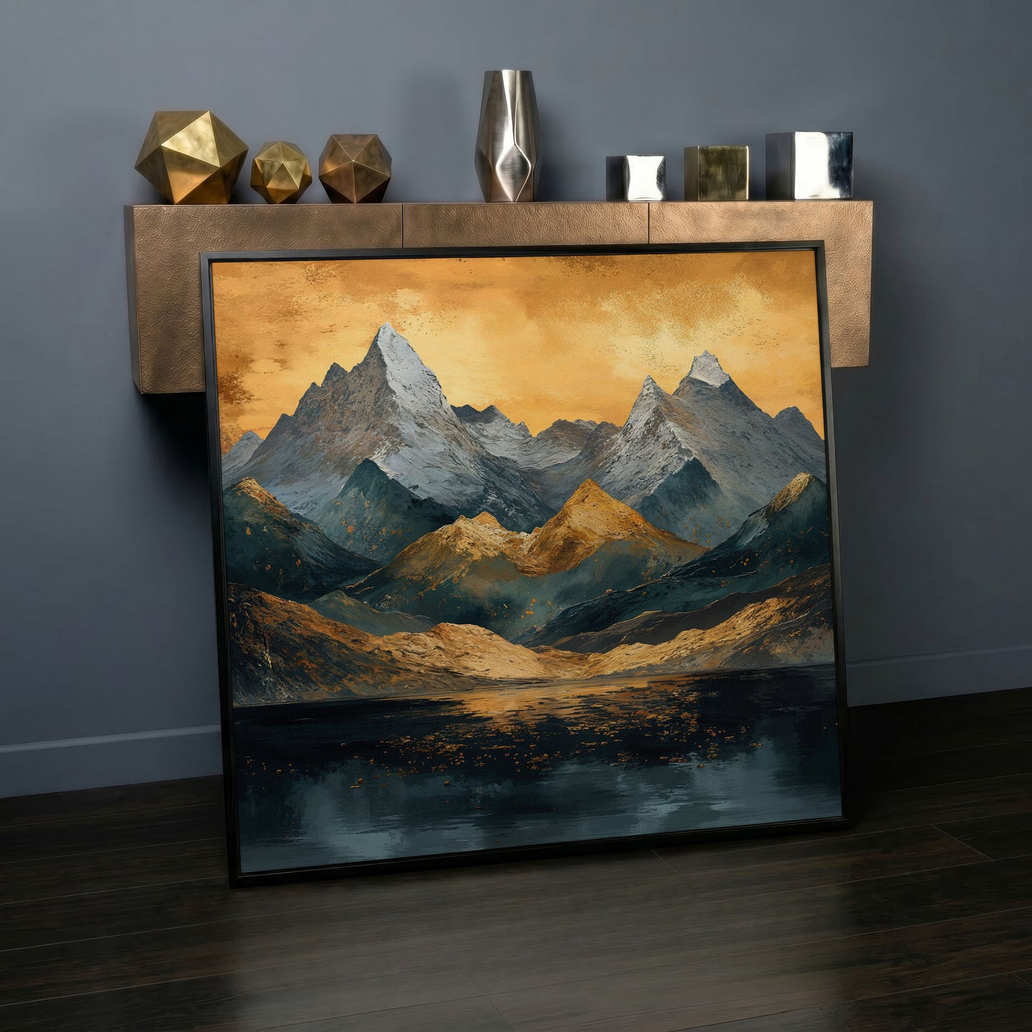 Modern Mountain Landscape Canvas in black floating frame