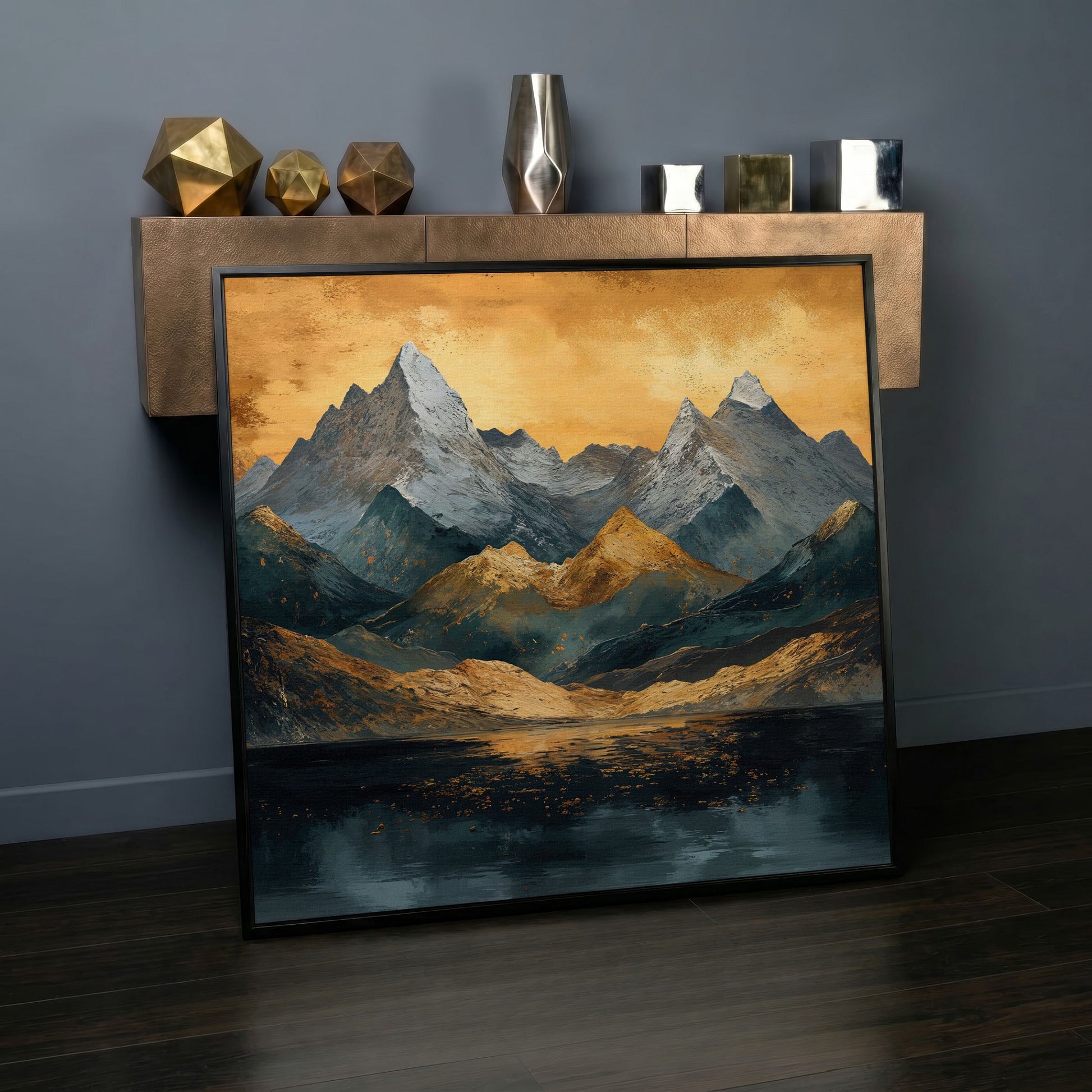 Modern Mountain Landscape Canvas in black floating frame