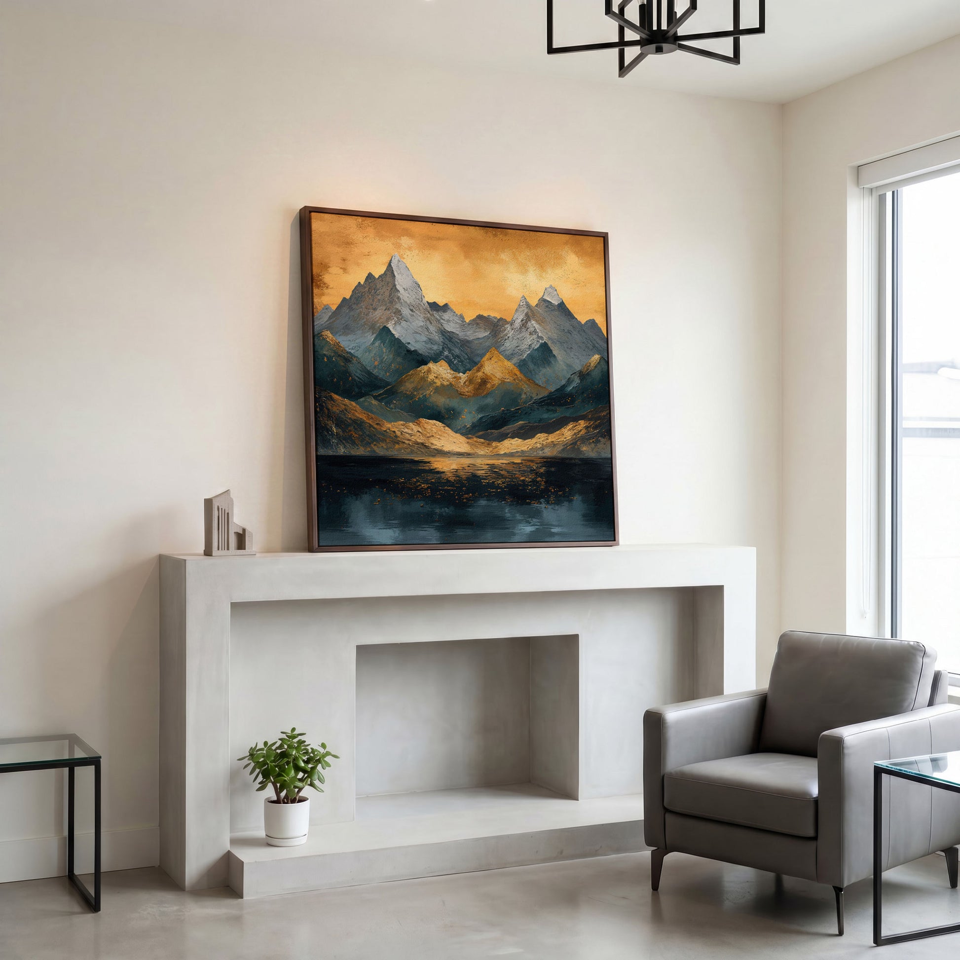 Modern Mountain Landscape Canvas in dark walnut floating frame