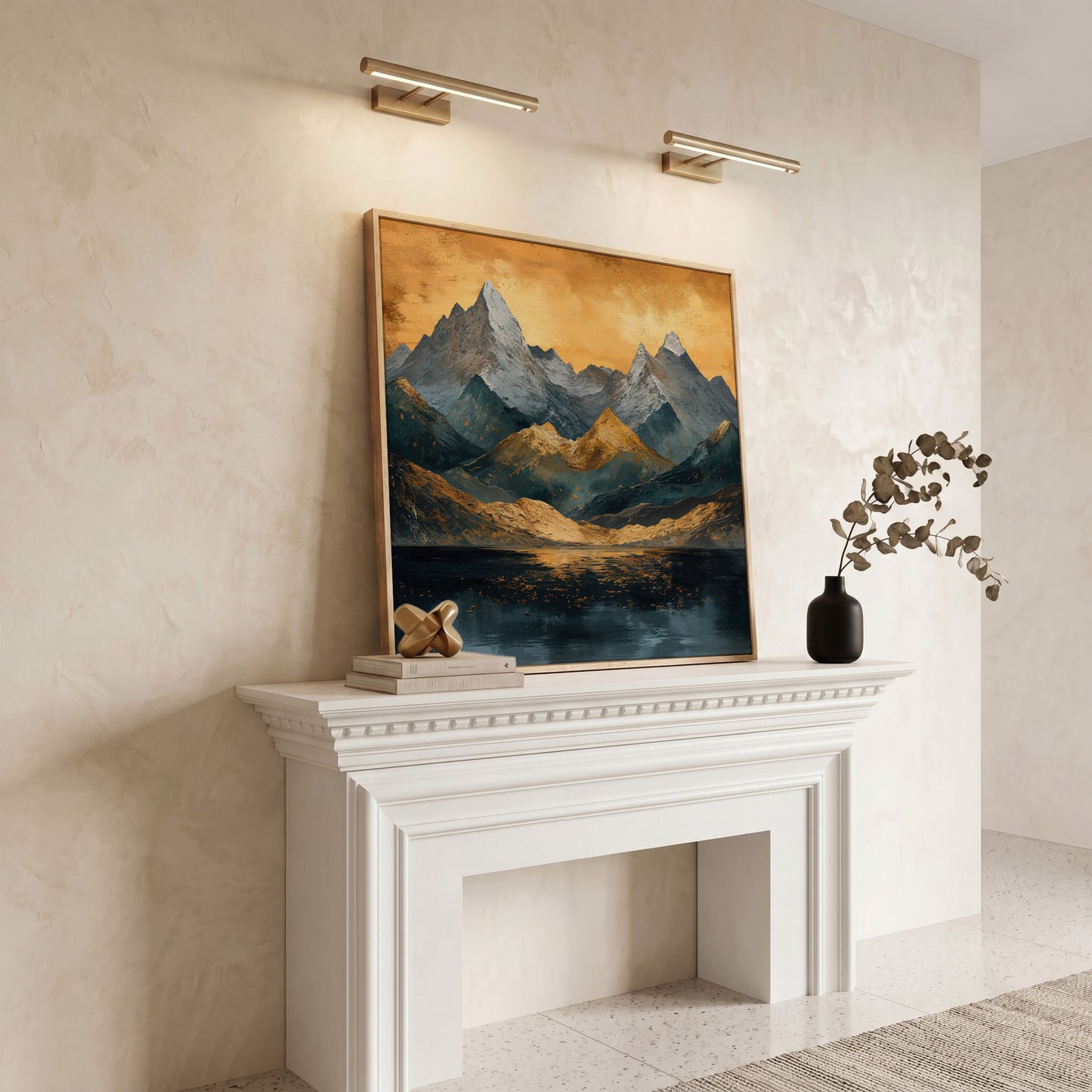 Modern Mountain Landscape Canvas in white oak floating frame